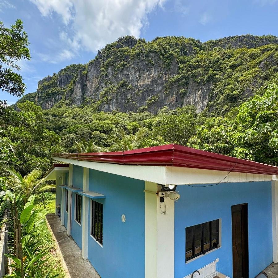 Blue House: a blue house with a red roof beneath a jungle-covered limestone cliff